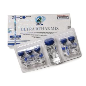 Open box with 5 vials Ultra Rehab Mix ZPHC, total 50 mg peptide (each vial 10 mg: BPC-157 5 mg + TB-500 5 mg)