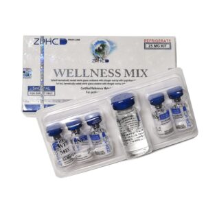 Open box showing 5 vials Wellness Mix ZPHC 5 × 5 mg, blend of Ipamorelin 2.5 mg and CJC-1295 2.5 mg